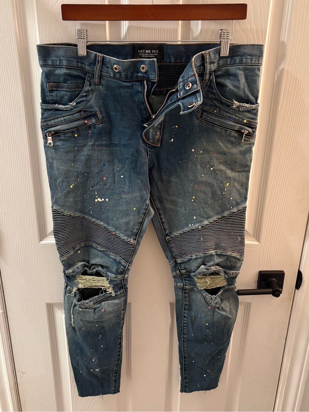 Slim Ripped Blue Paint-Splatter Skinny Jeans
